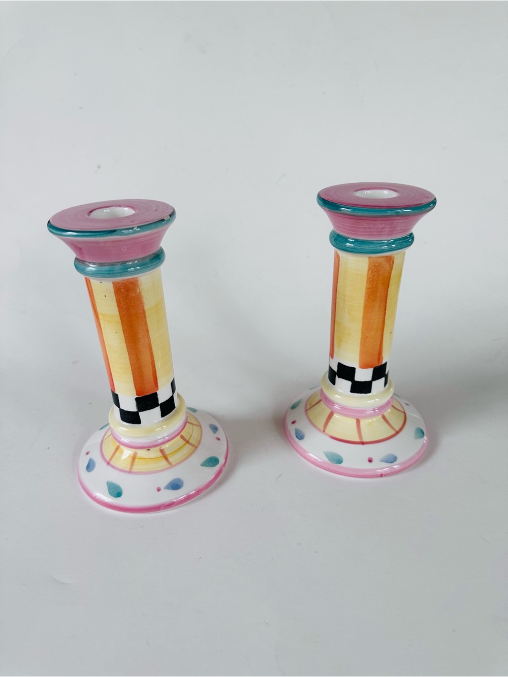 Hand-Painted Ceramic Candlestick Pair Pink Yellow Checkered Shabby Chic Cottage - Picture 2 of 8